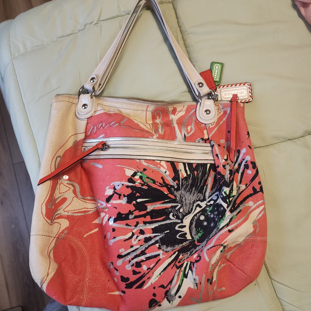 Coach Vibrant Red and Cream Floral Shoulder Bag